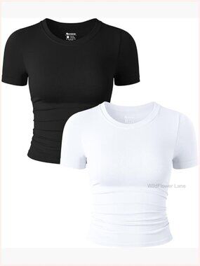 2 Piece Short Sleeve Crop Top Set Crew Neck Ruched Stretch Fitted Tee